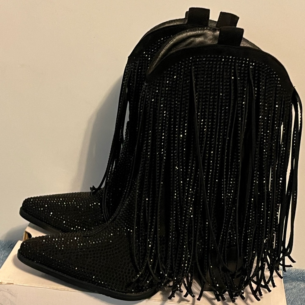 Ouepiano Woman's Fringe Rhinestone Cowboy Boots